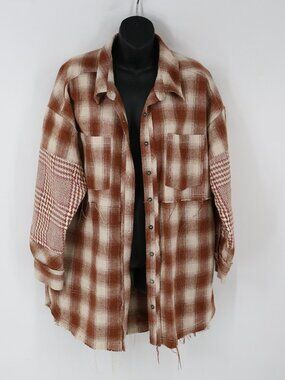 Fate Flannel Shirt Womens Small Orange Plaid Button Front Oversized Shacket